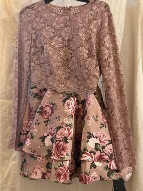 NWT - City Studio Dusty Rose Lace Top with Rose-Print Skirt